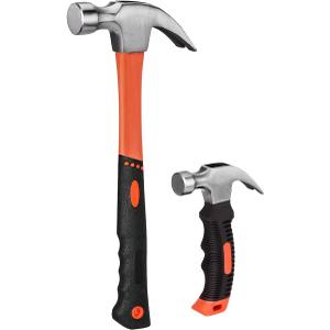 2 Piece Hammer Set,includes 1 Pack 8 OZ Mini Stubby Claw Hammer and 1 Pack 16 OZ Fiberglass General Purpose Claw Hammer,Soft Nonslip Handle & Heat Treated Head,Heavier for Higher Hardness