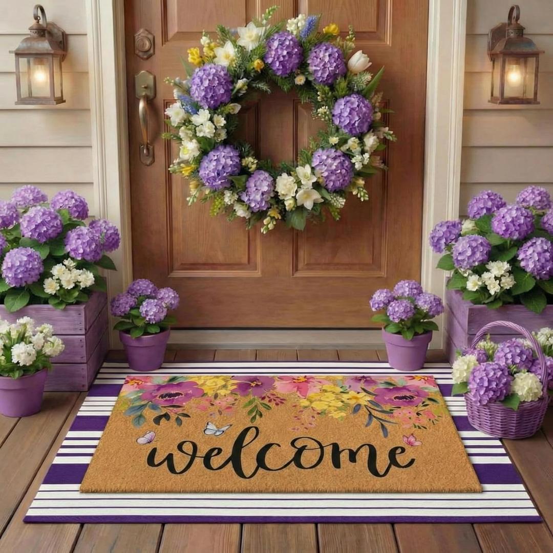 Tinideya 2 Pcs Door Mat Welcome Non Slip Coir Mats Floor Layering Doormats Seasonal for Front Porch Entryway Decor(Purple Flowers) (23.6 x 35.4 Inches, Purple and White)