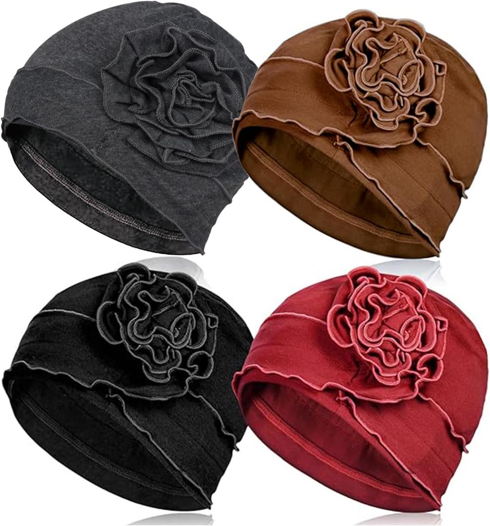 4 Pieces Cotton Chemo Turbans Headwear Beanie for Women Soft Head scarf Cap Elastic Chemo Hats Covers Wraps for Cancer Patient Hair Loss
