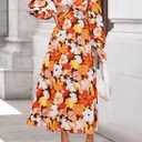 ZESICA Women's Floral Long Sleeve Midi Dresses 2026 Fall Boho V Neck Belted High Wasit Flowy Wedding Cocktail Party Dress (S)