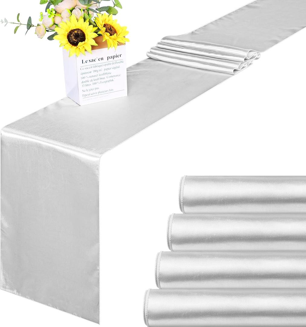 ANECO 4 Pack Satin Table Runner 12 x 108Inch Long Bright Silk and Smooth Fabric Party Table Runner for Wedding Banquet Party Decoration-Light Silver