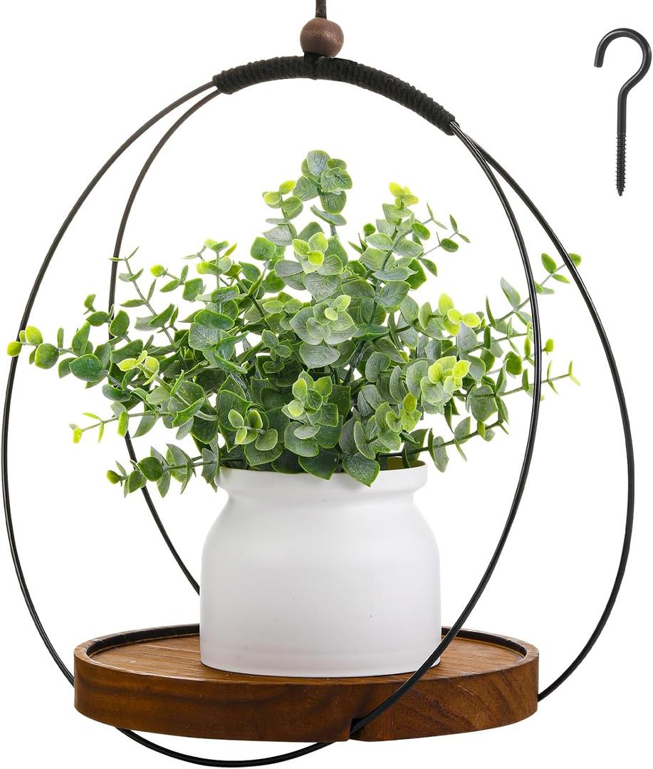 1 Pack Hanging Planters for Indoor Black Plant Hanger with Round Wood Base Large Indoor Hanging Plant Shelf Boho Holder Gift for Mom,Housewarming (9.8 '')