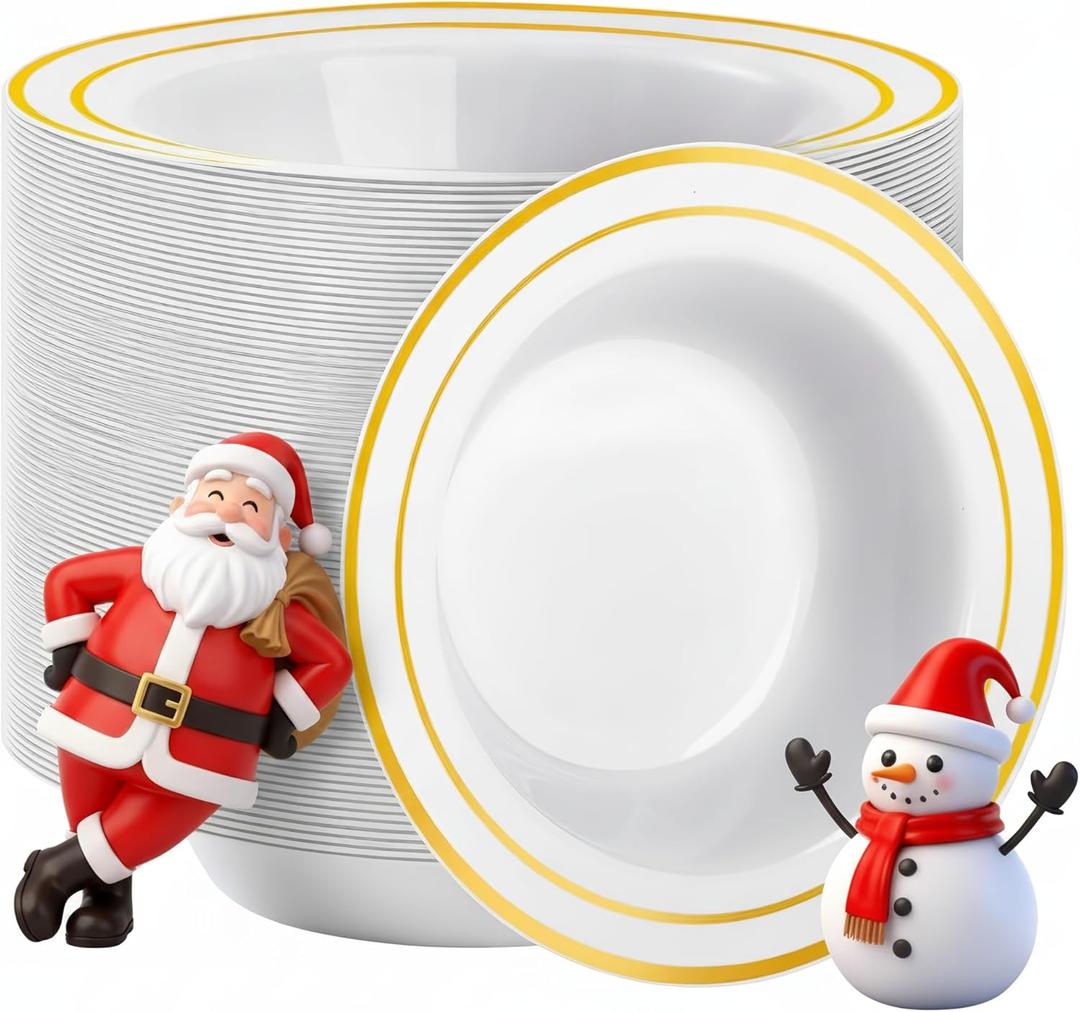 Goodluck 100 Pack Plastic Bowls with Gold Rim, 12oz Disposable Soup Bowls, Heavy Duty Dessert Bowls for Weddings, Parties, Dinners, Catering, Thanksgiving and Everyday Use