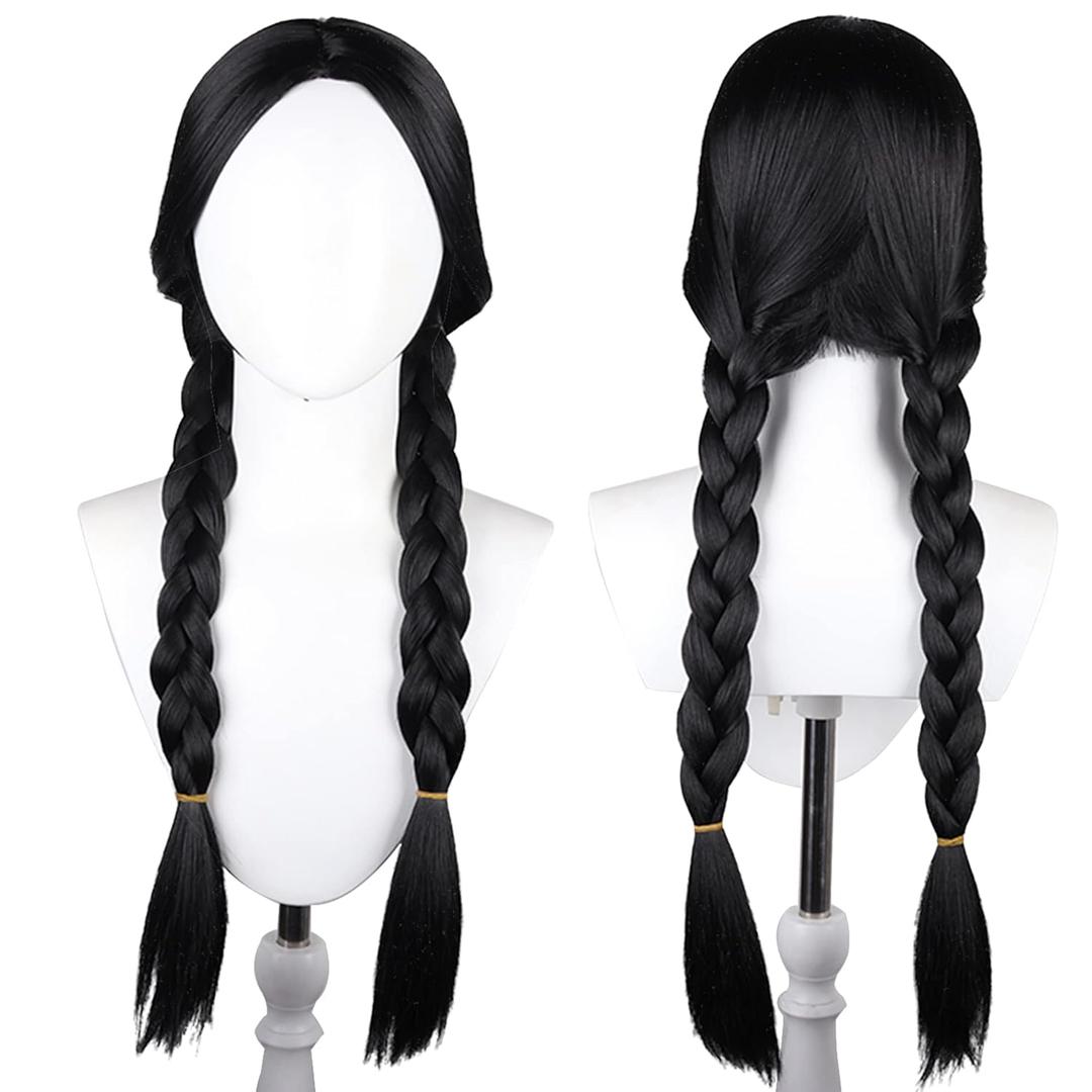 Wednesday Cosplay Wig Black Braid Hair with Heat Resistant Synthetic Fabric for Women Halloween Cosplay Party with cap