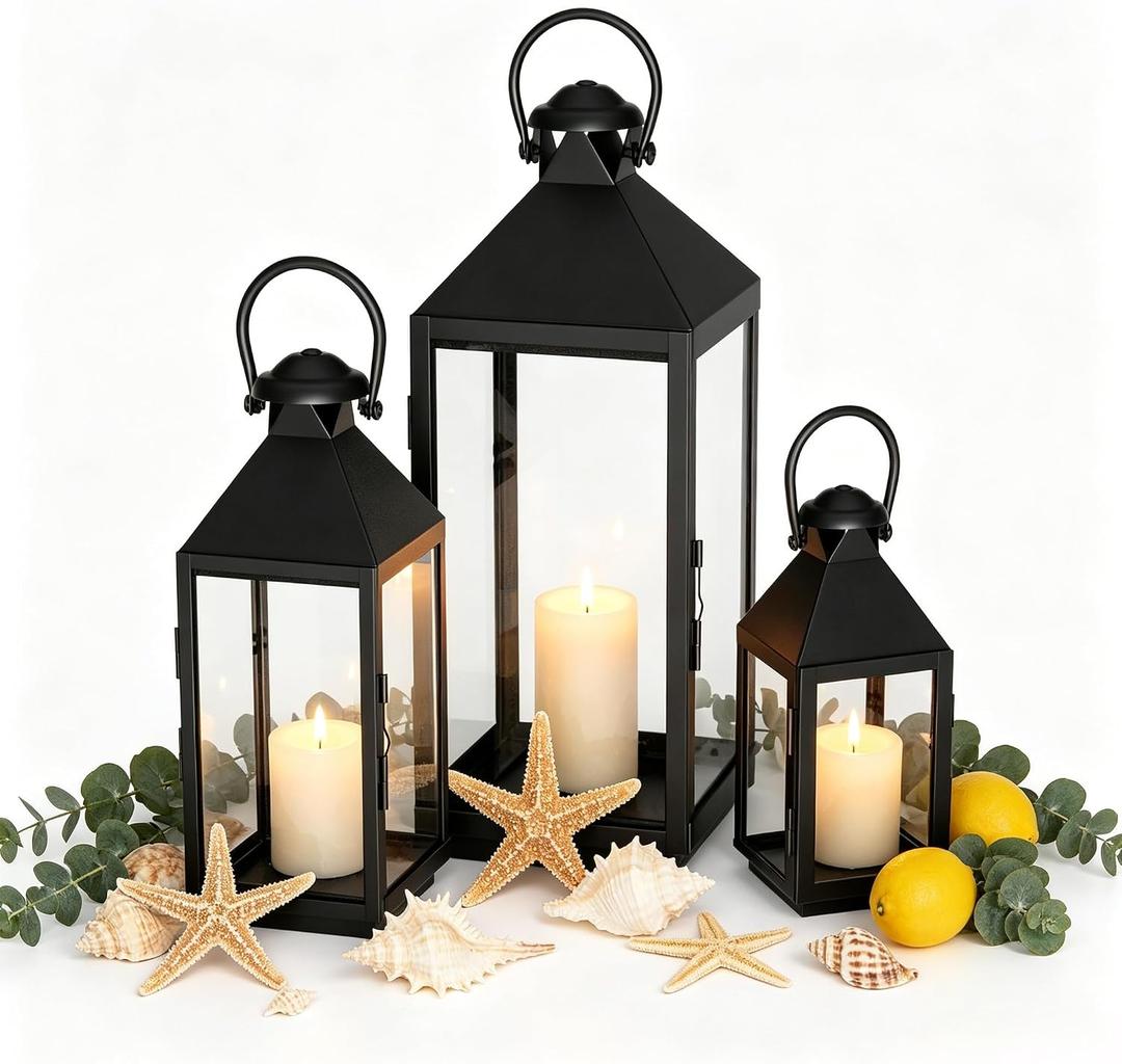 Decorative Metal Candle Lanterns Set, Hanging & Tabletop Hurricane Lanterns Holders for Patio, Porch, Garden, Wedding, Party Decor, Indoor/Outdoor Use, Pinnacle Black