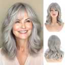 Sallcks Short Grey Bob Wig for White Women Shoudler Length Natural Wavy Bob Wig Heat Resistant Synthetic Hair Wig for Daily Party