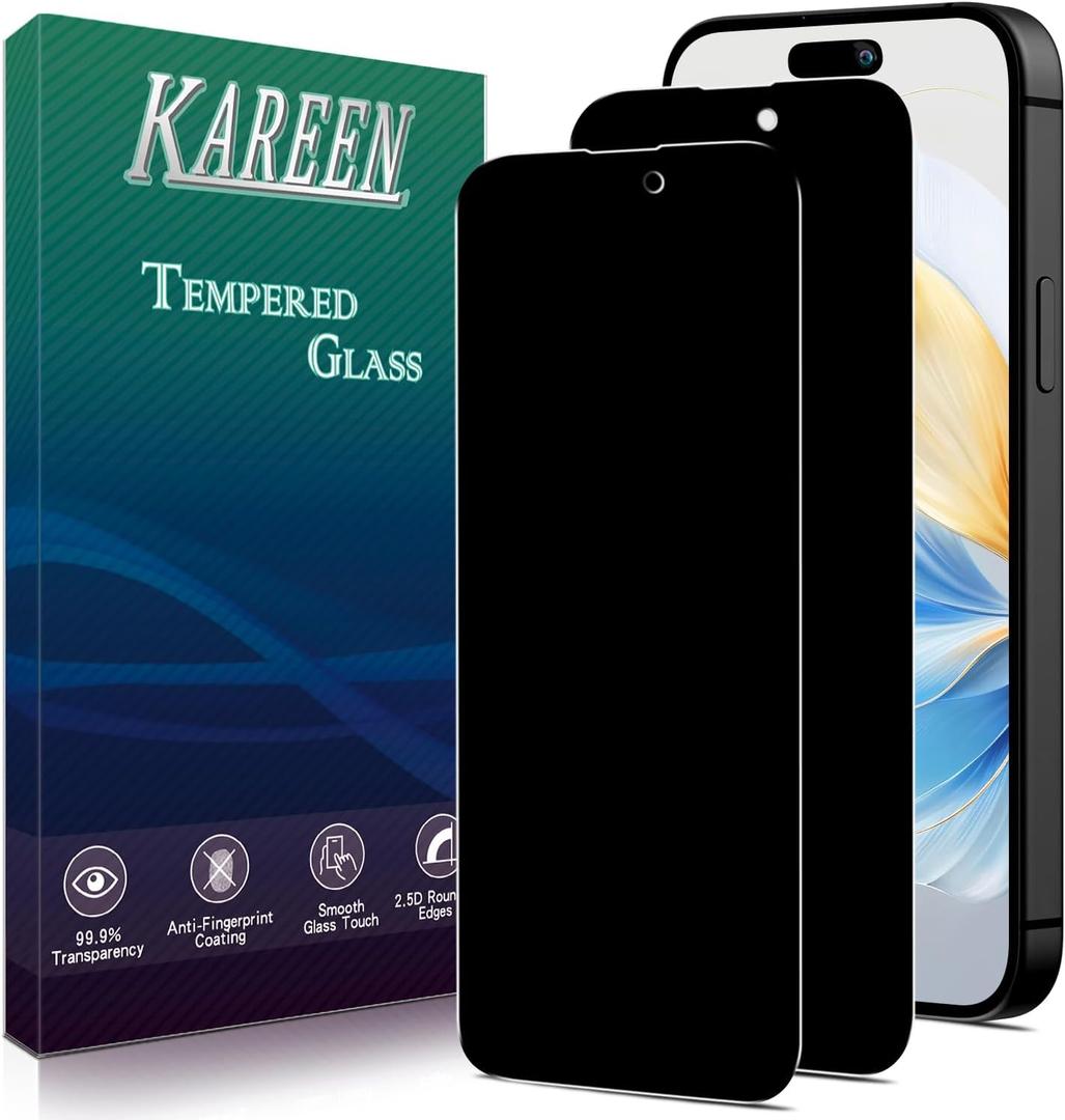 KAREEN 2-Pack Privacy Screen Protector For iPhone 15, iPhone 15 Pro 6.1-Inch Anti Spy Private Tempered Glass Film, 9H Hardness, Easy to Install, Bubble Free, Case Friendly (Black)