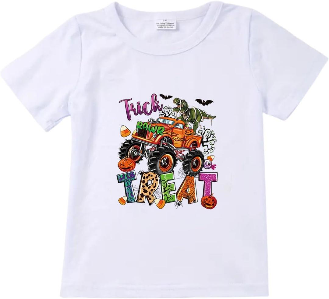 Toddler Boys Girls Halloween Shirt Halloween Boo Shirts Skeleton Dance Pumpkin Truck Shirts Cute Ghost Tee Tops (White)