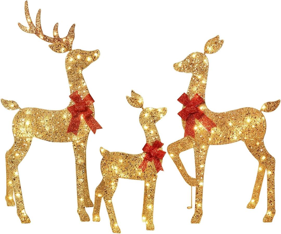 3-Piece 2D Lighted Christmas Deer Family Set - HOYECHI Large Outdoor Yard Reindeer Holiday Decoration with 145 LED Lights, Stakes, Zip Ties - Gold