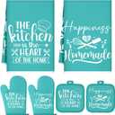 Sratte 6 Pcs Kitchen Decor Accessories Set Farmhouse Towels Pot Holders Oven Mitts Set 2 Dish Towels 2 Potholders 2 Cooking Mittens Oven Glove for Christmas Baking Cooking Supply(Light Teal,Kitchen)
