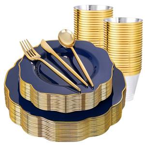 bUCLA 180PCS Blue Plastic Plates - Navy Blue and Gold Rim Disposable Include 30 Each (Dinner & Dessert) Plates, 30 Knives, 30 Forks, 30 Spoons and 30 Cups, Ideal for Party, Gathering and Hanukkah