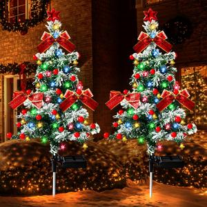 Solar Christmas Trees Lights Outdoor Decoration Waterproof, 40LED Small Solar Power Xmas Tree Pathway Lights, Solar Garden Decorative Stake Lights Yard Decor with Snow 2 Modes for Path Lawn Patio,2PCS (Color6)