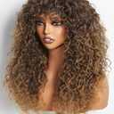 GORGIUS Veralux Blend Shaggy Haircuts Ombre Curly Wig with Bangs Honey Colored Wig Crafted with Style-Archive Technology: Premium Fiber & Remy Human Hair Blended, Realistic Look with True Scalp
