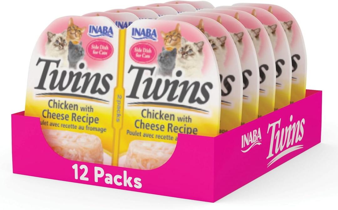 INABA Twins for Cats, Side Dish/Topper Cups, 1.23 Ounces per Serving, 12 Servings, Chicken with Cheese Recipe
