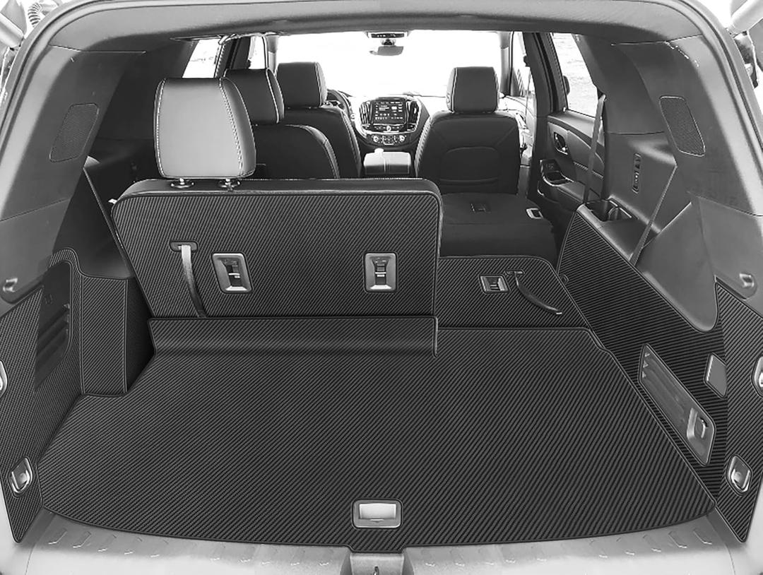 Cargo Liner and Backrest Mat for 2018-2023 Chevrolet Chevy Traverse (and Rear Left and Right Side Panels)- Custom Fit PU Leather Backrest Protector- All Weather Waterproof Trunk Mat (Carbon Fiber)
