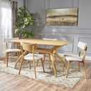 Christopher Knight Home Nissie Mid-Century Wood Dining Set with Fabric Chairs, 5-Pcs Set, Natural Oak Finish / Light Beige