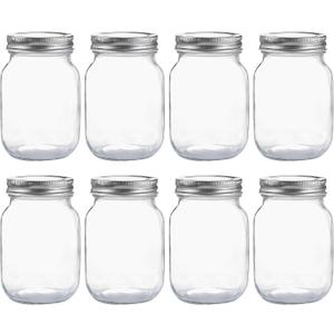 YINGERHUAN Glass Regular Mouth Mason Jars, 16 oz Clear Glass Jars with Silver Metal Lids for Sealing, Canning Jars for Food Storage, Overnight Oats, Dry Food, Snacks, Candies, DIY Projects (8PACK)
