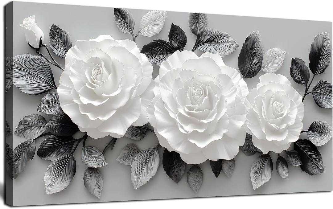 Black and White Floral Wall Art Grey Modern Canvas Prints Decor 20"x40", 20L" x 40W"