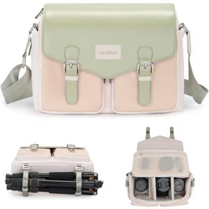 Cwatcun Camera Bag, Waterproof Flap Camera Crossbody Shoulder Messenger Case with Tripod Holder, Travel Photography Bag for Canon, Nikon, Sony, Fuji DSLR/SLR/Mirrorless Camera, Lens Light Green, L