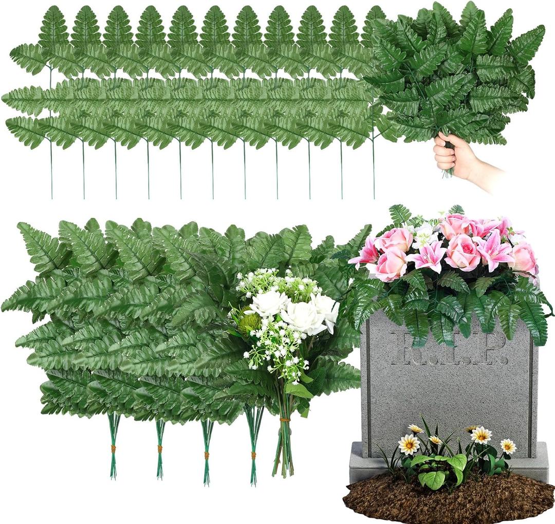 Yunlly 100 Pack Artificial Silk Green Fern Cemetery Flowers Leaf Picks Fake Greenery Stems Fern Leaves for Cemetery Grave Headstone Floral Arranging Crafting Decoration