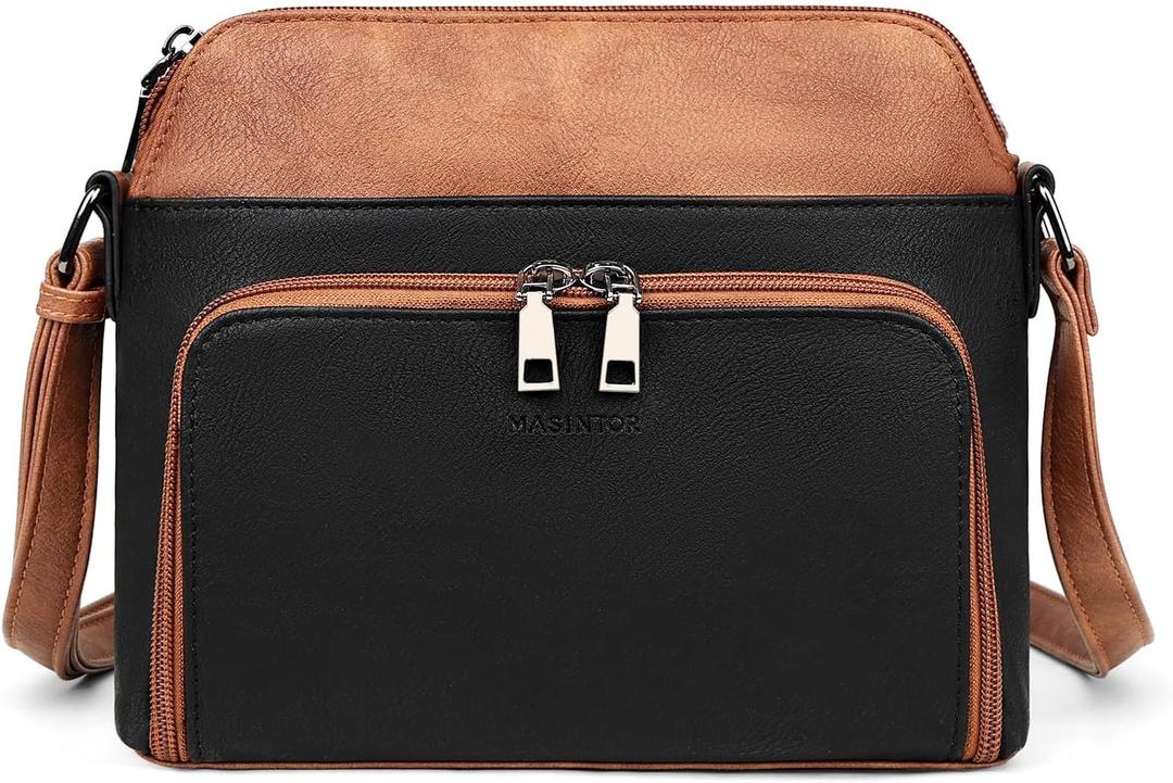 MASINTOR Crossbody Purse Bags for Women, Multi-Pocket Soft Leather Shoulder Purse with Tassel, Lightweight Travel Handbag (Black With Mocha Brown)