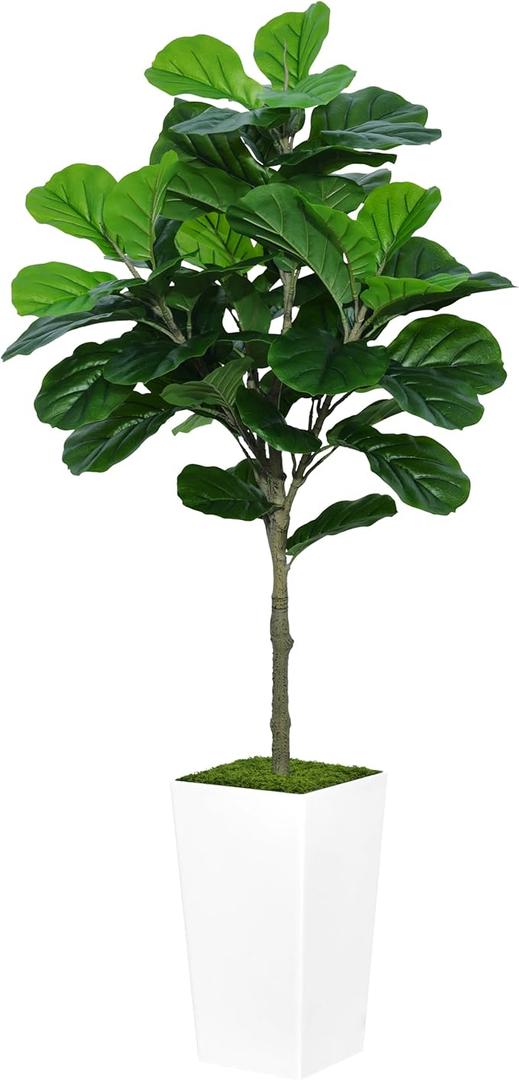 Fiddle Leaf Fig Tree Artificial 5FT - Faux Fiddle Leaf Fig Tree with White Tall Planter - Fake Ficus Lyrata Floor Plant Potted - Artificial Fig Tree for Home Office Living Room Decor Indoor, White Vase