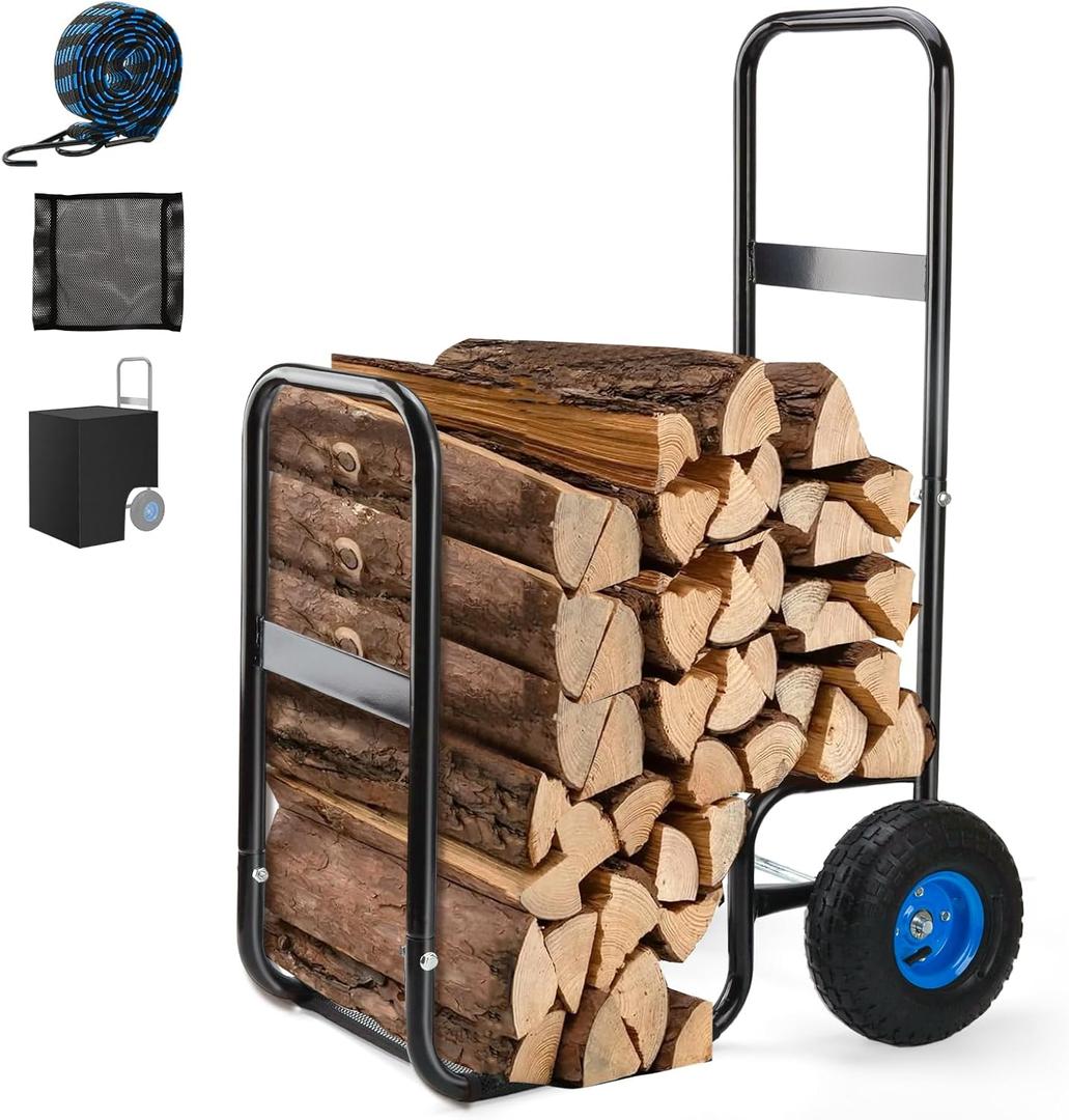 250 LBS Capacity Firewood Log Cart-Heavy Duty Steel Wood Carrier With Pneumatic Rubber Wheels For Fireplace,Fire Pit,Indoor&Outdoor(With Cover)
