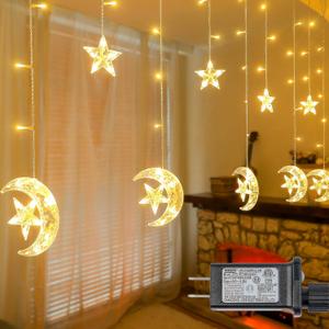 Ramadan Decorations Curtain Lights,10.8ft 138LED Curtain Lights Outdoor Waterproof with 12 Drops, 8 Modes with Timer Connectable Fairy Icicle Light for Window Backyard Garden (Warm White) (star moon plug)