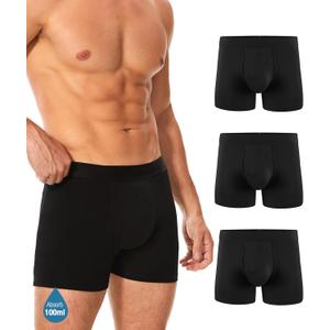 Men's Incontinence Underwear, Leak Proof Washable Reusable Cotton Boxer Brief, Heavy Flow Bladder Leak 3 Pack (Black, Medium)