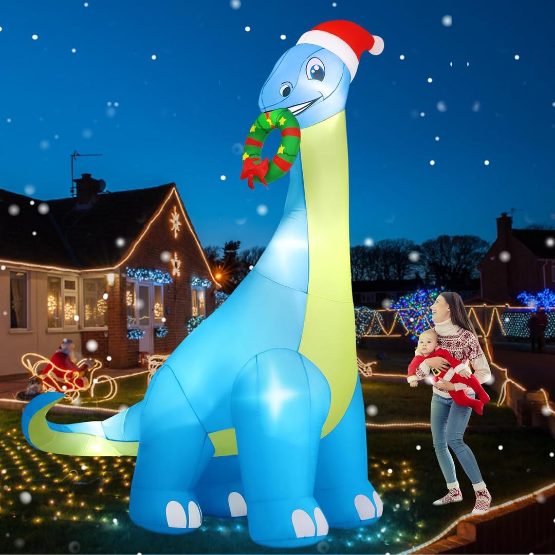 12FT Giant Christmas Inflatables Decoration Dinosaur Built-in Bright LED Lights & Extra Strong Blower Blow Up Yard Decoration Blowups with Large Huge Xmas Wreath Hat for Holiday Party Xmas New Year