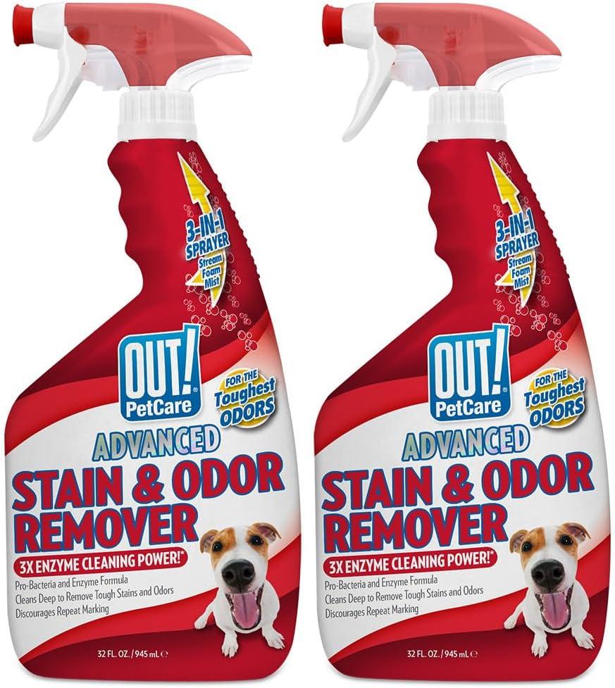 OUT! PetCare Stain and Odor Remover Spray for Pets  Enzyme Cleaner for Carpet, Rugs, and Floors  Dog and Cat Urine Eliminator and Deodorizer  Made in USA  32 fl oz Bottles, 2 Pack