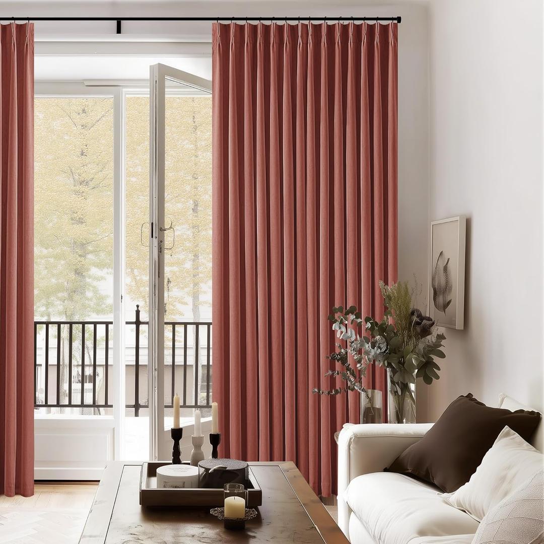 Terracotta Pinch Pleated 100% Blackout Linen Bedroom Curtains 96 Inch Length Double Layer Pleat Curtains Ring Hooks Back Tab Black Out Room Darkening Drapes 96 Inches Long Fall Living Room Red Clay (40"W x 96"L (Pack of 2))