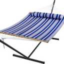 SUPERJARE Hammock with Stand, 2 Person Quilted Outdoor Hammock, Detachable Pillow & Bamboo Spreaders, Portable Hammock with Carrying Bag, Heavy Duty Stand, Perfect for Outside, Navy Blue Stripe