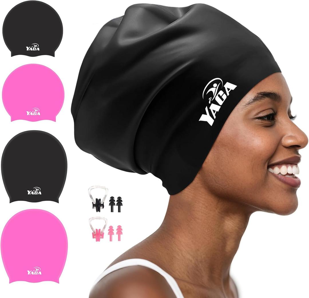 Extra Large Swim Cap Women Adult, Swim Caps for Long Hair, Dreadlocks, Weaves, Hair Extensions, Braids, Curls & Afros - Silicone Swimming Cap for Women & Men Anti-Leak Seal for Pool, Beach, Laps (black)
