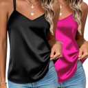 Zeagoo Silk Camisole Tops for Women 2026 V Neck Satin Tank Top Spaghetti Strap Cross Back Sleeveless Summer Blouses, Medium (2 Pack: Black+Rose Red)