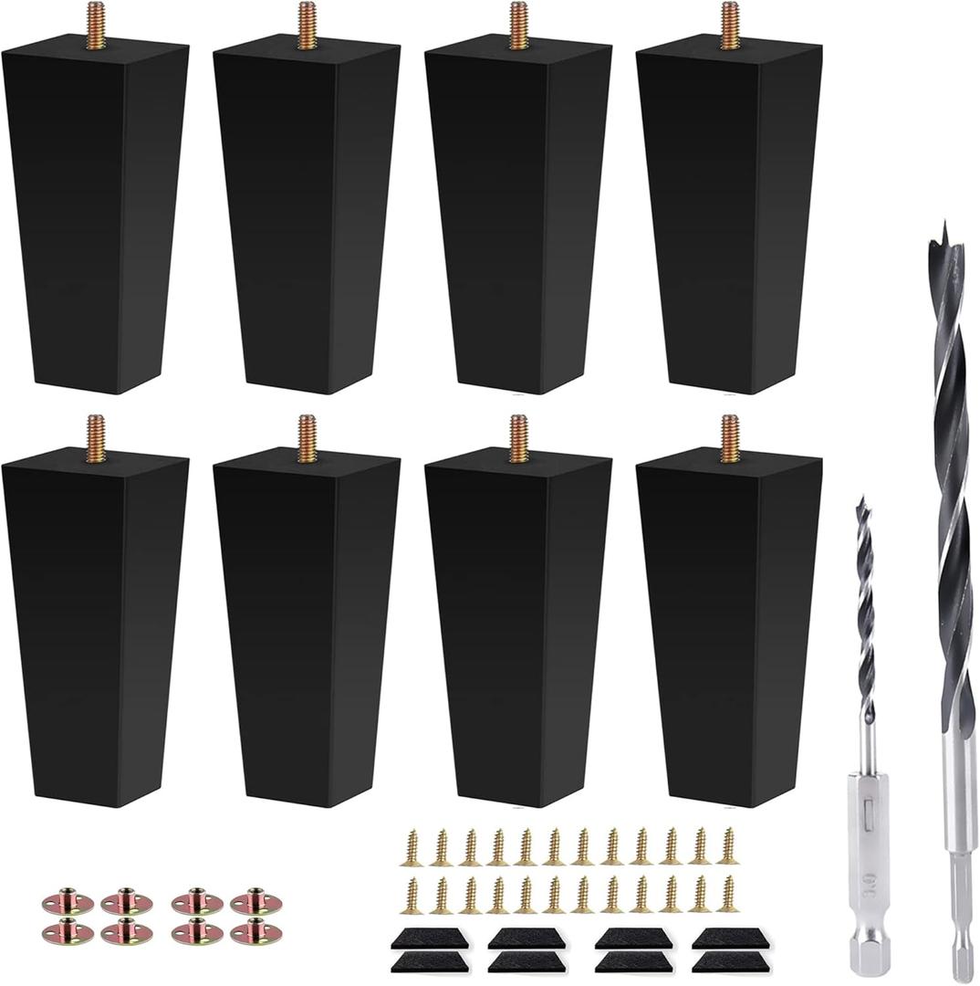 Sofa Legs Square Bed Feet 6 inch Wood Replacement Leg for Furniture Set of 8,Black (6")