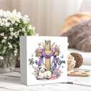 He Is Risen Christian Decor Wood Box Sign,Christian Easter Wooden Sign,Purple Religious Cross Lamb Wooden Signs,Spring Lily Flower Decor For Desk Tabletop Shelf Decoration 5x5 Inches