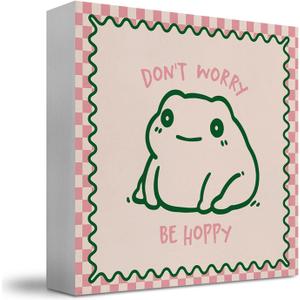 Frog Decor, Don't Worry Be Hoppy Pink Checkered Wooden Box Sign, Cute Frog Wood Block Sign for Home Office Desk Shelf Tabletop, 5x5 Inch
