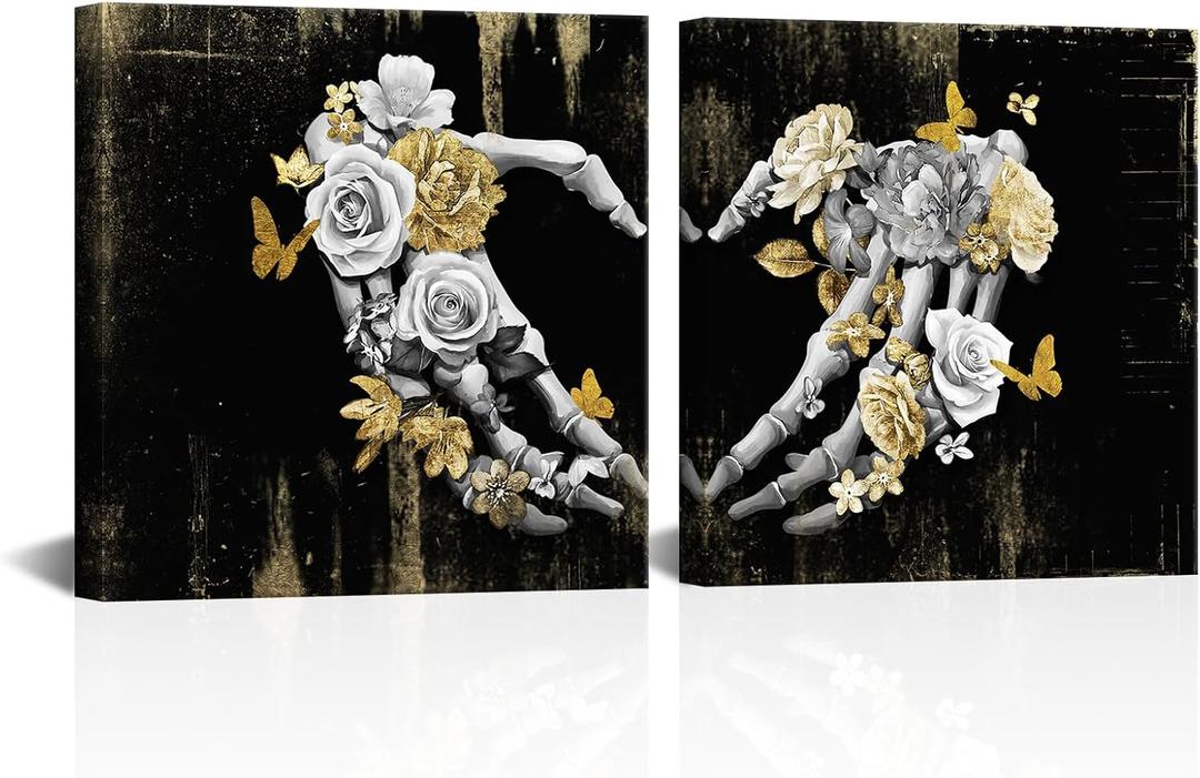 Visual Art Decor Skull Decor Heart Love Painting Gothic Wall Decor Black Gray and Gold Pictures Framed Artwork for Walls (12"x12"x2 Pieces) (Small)