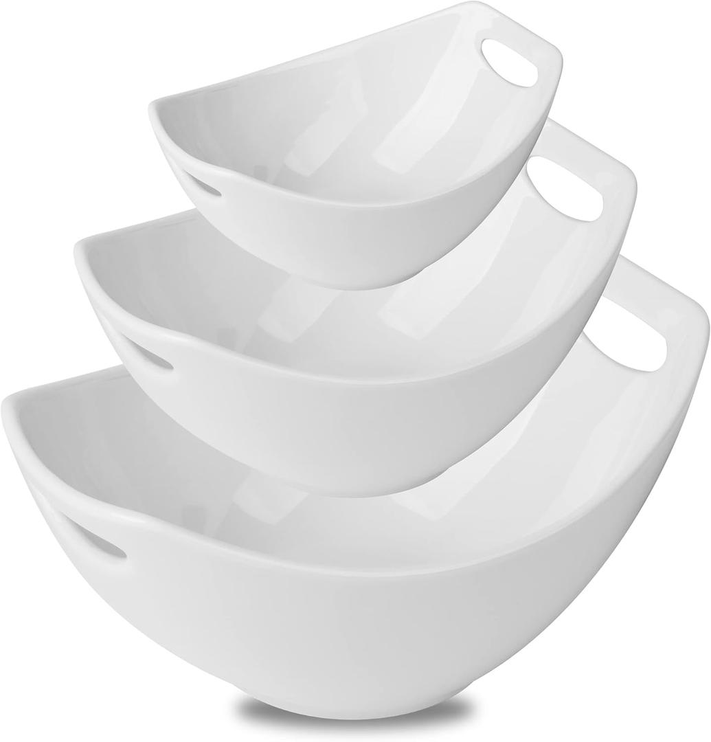 Gomakren Serving Bowls with Handles, Serving Dishes, Porcelain Salad Bowls Mixing Bowl for Entertaining, Nesting Bowl Set of 3, Microwave Dishwasher Safe, 15/28/47 oz, White