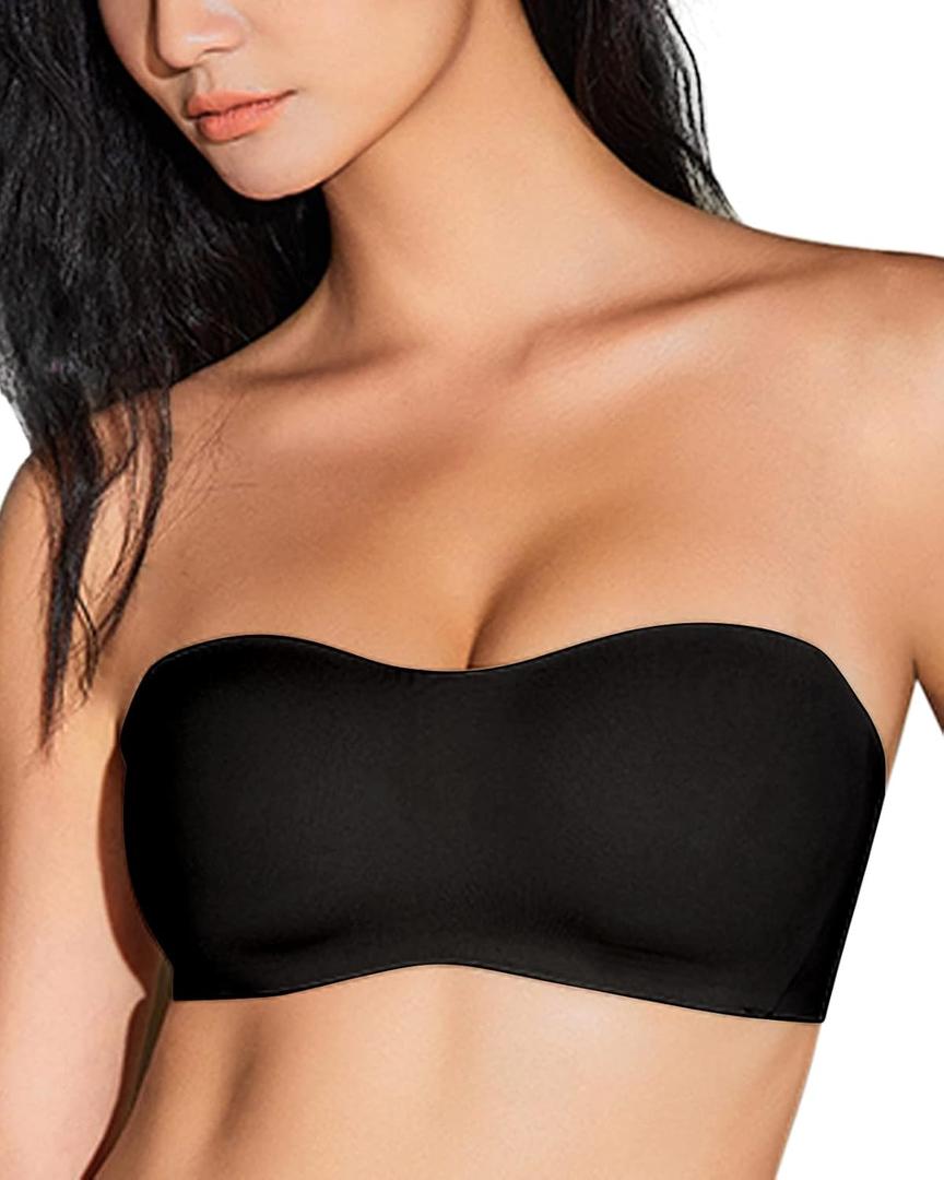 WOWENY Strapless Bras for Women Wireless Bra Non-Slip Silicone Bandeau Bra Seamless Padded Comfy Tube Top(Black, Large)