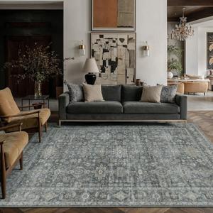 5x7 Washable Area Rug for Living Room Bedroom Vintage Black Grey Soft Low Pile Carpet Traditional Retro Non Slip Throw Rug for Dining Room Entryway Indoor Dorm Kitchen