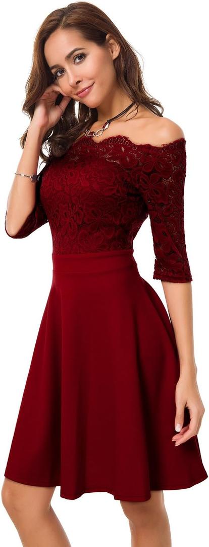 Atnlewhi Womens Vintage Lace Floral Off Shoulder Elegant Swing Dresses A-line Mini Dress for Party Cocktail Wedding (Medium, Swing-Red)