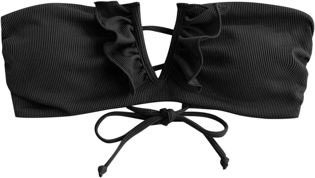 ZAFUL Women's Strapless Bandeau Bikini Top Ribbed V Wired Lace Up Ruffle Tie Swimsuits Bathing Suits Only Top (Black, M)