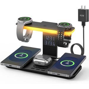 2026 YiJYi Dual Magnetic Wireless Charger for Samsung, 7 in 1 for Samsung Charging Station,45W Dual Phone with Two Light Styles Light & Clock,for Samsung S26,for Galaxy Buds for Samsung Galaxy Watch