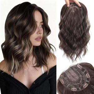 Kintama Highlight Brown Hair Topper for Women with Bangs Clip in Hair Piece for Thinning Hair - Volumizing Topper Wiglet for Instant Volume & Natural Look