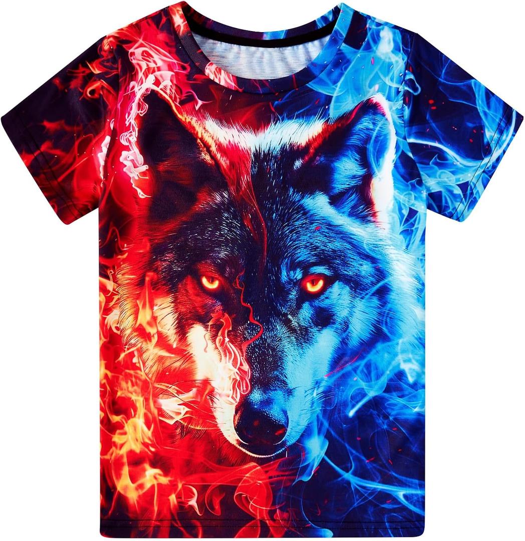 Funnycokid Boys Girls Shirts Graphic T-Shirt Neon Clothes Kids Novelty Youth Short Sleeve Animal Print Tees 4-16 Years (Wolf Blue Orange)