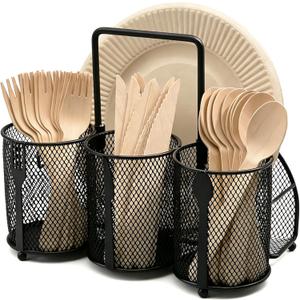 Silverware Organizer Utensil Caddy - 4 Compartment Metal Cutlery Holder Flatware Storage Basket Fork Spoon Napkin Paper Plate Kitchen Countertop Party Picnic Camping Buffet Outdoor (Black)