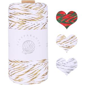 Macrame Cord 3mmx100yd 100% Cotton Shiny Macrame Rope for DIY Christmas Macrame Birthday & Holiday Wall Home Party Decor Crochet and Knitting Adults Kids Beginners-White and Gold