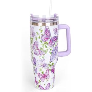 Whaline 40oz Purple Butterfly Tumbler with Handle Straw and Lid Spring Flower Butterfly Travel Tumbler Coffee Cup for Women Friend Holiday Birthday Party Favors